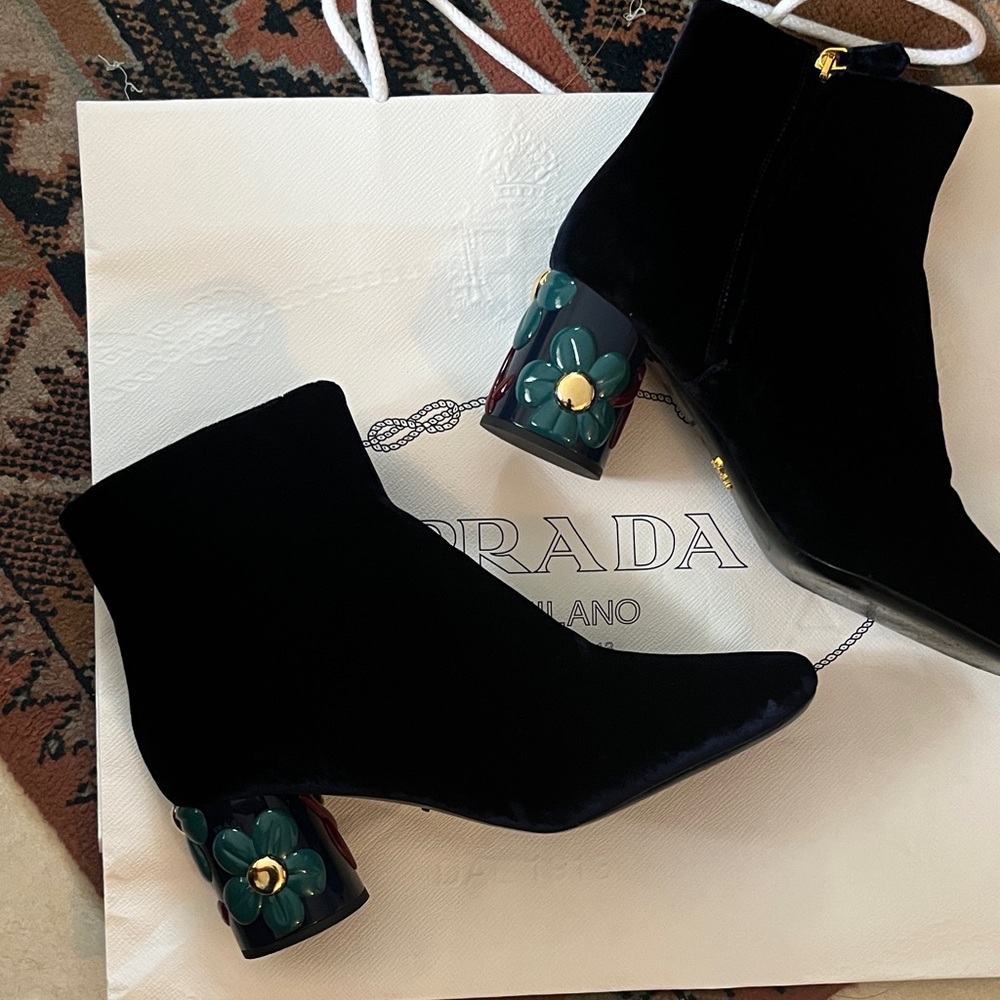 Prada Black Ankle Boots with Green Floral Heel